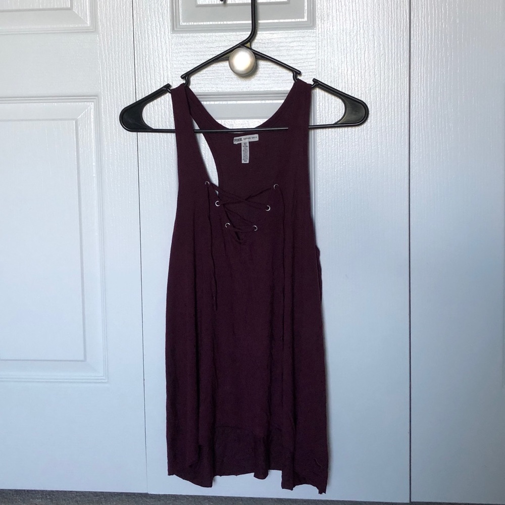 PINK Maroon Laced Up V Neck Super Soft Tank